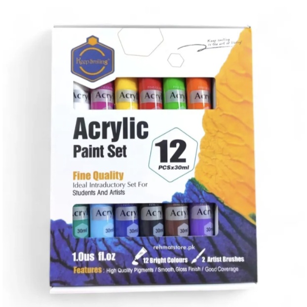 Keep-Smiling For Students & Artists Acrylic Paint Set 12 Bright Colors, 30ml